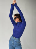 Fall outfits back to school Mnealways18 Folds Chic Jersey T-Shirts Women Blue Turtleneck Tops Spring Inside Casual Bodycon Tee Female Long Sleeve Streetwear
