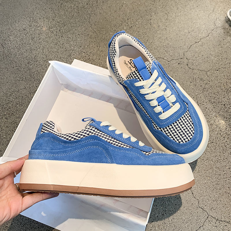 Clacive  Japanese Platform Flat Canvas Women's Sneakers  Summer New Blue Small White Korean Casual Shoes Houndstooth Vulcanize