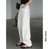 Clacive  Women Jeans White Wavy Edge Women's Pants  Streetwear Straight Solid High Waist Trouser Mom Denim Pants Spring