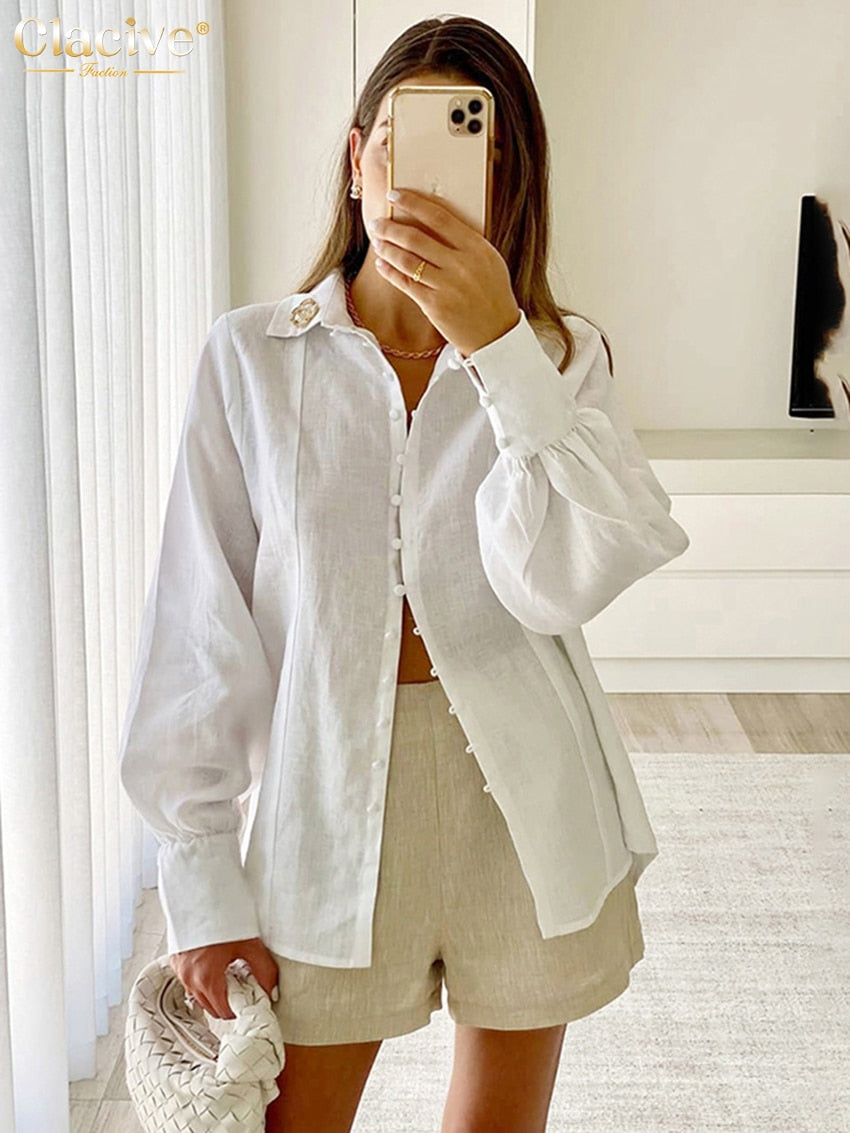 Clacive White Lapel Linen Blouses Casual Loose Long Sleeve Office Women Shirts 2021 Vintage Single-Breasted Fashion Blouse Shirt