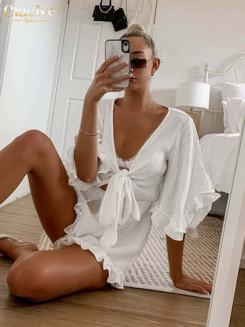 Clacive Sexy V-Neck Lace-Up Summer Woman Jumpsuit Bodycon White Short Sleeve Playsuit Elegant Slim Ruched Casaul Female Jumpsuit
