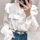 Clacive 100% Cotton Women Shirts  Summer French Top Lace Hollow Out New Ruffled Lace Collar Long-Sleeved Ladies Blouses/Skirt