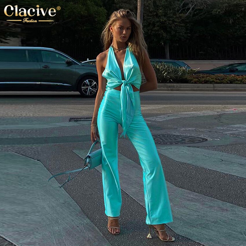 Clacive Sexy Lace-Up Crop Top Set Woman 2 Pieces Summer Bodycon High Wiast Trouser Suits Female Fashion Blue Satin Pants Set