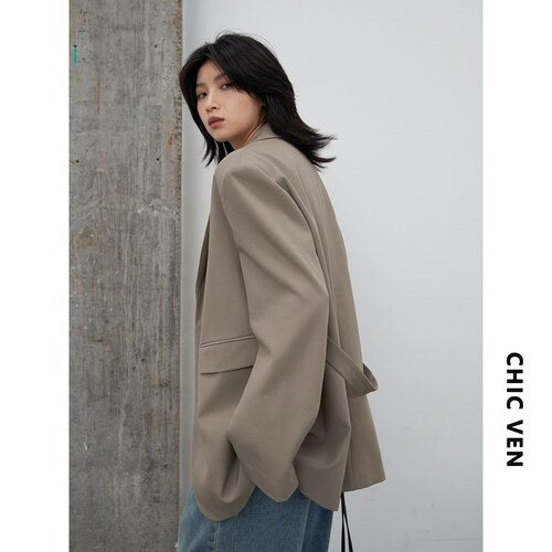 Clacive  Women's Blazer Solid Side Slit Single Breasted Woman Coat Ladies Outerwear Jacket Female Stylish Top Spring Autumn