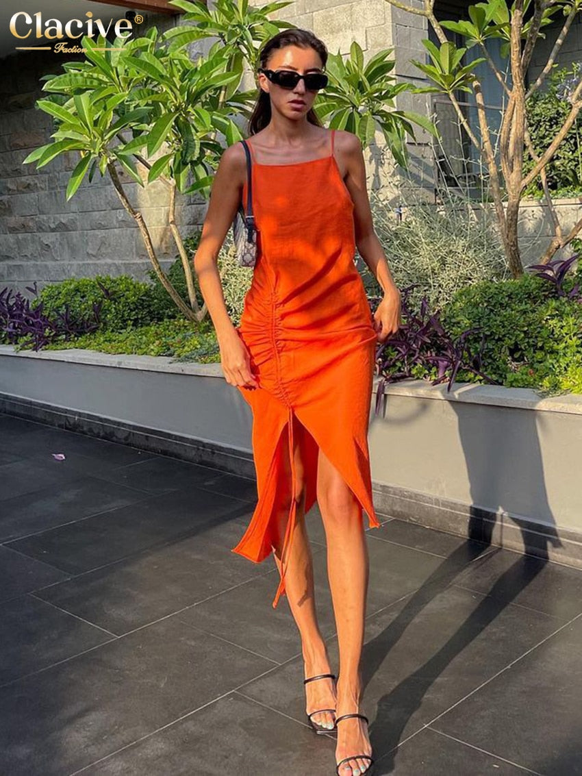 Clacive Casual Orange Summer Dress Female Fashion Spaghetti Strap Slit Midi Dress Bodycon Drawstring Elegant Dresses For Women