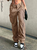 Clacive  Khaki Solid Baggy Cargo Pants Women Low Waist Mom Jeans Vintage 90S Grunge Streetwear Casual Hippie Denim Trousers