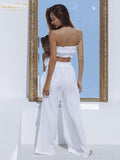 Clacive Sexy Sleeveless Tube Top 2 Piece Sets Womens Outfits Bodycon White Wide Pants Set Lady Elegant High Waist Trouser Suits