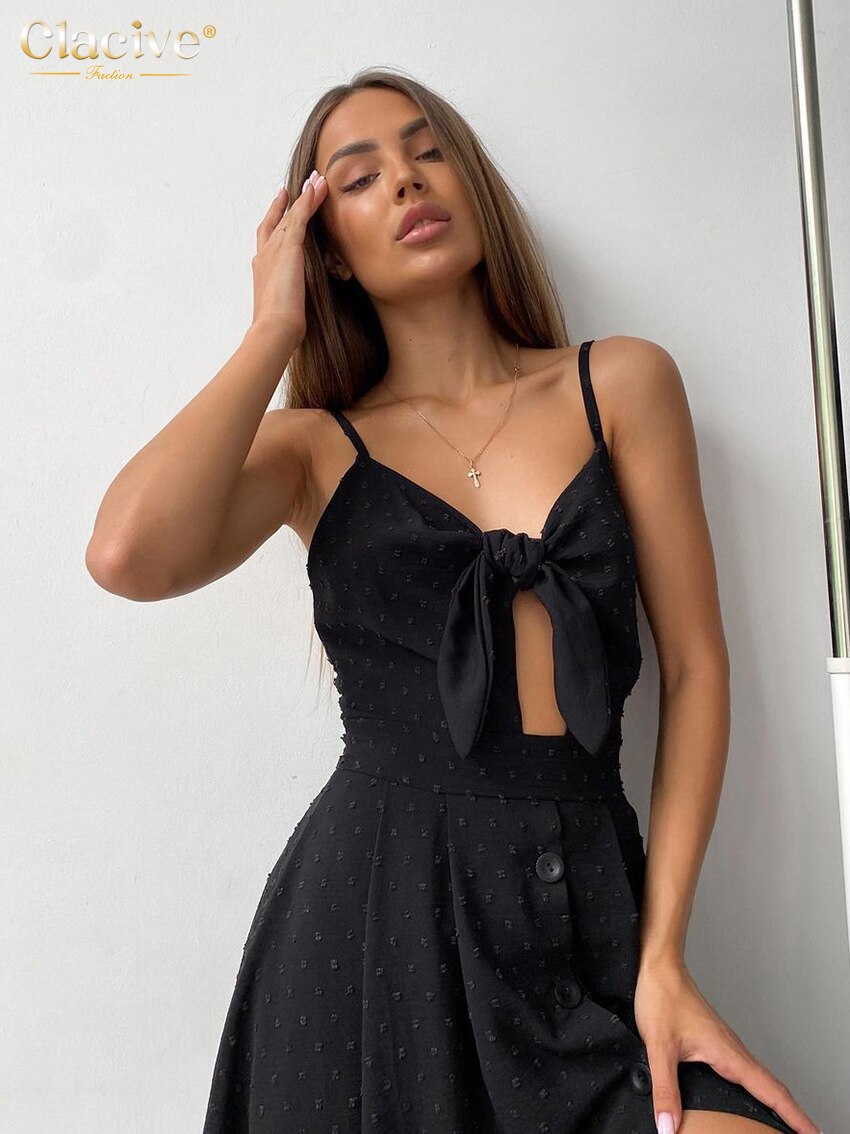 Clacive Summer Strap Black Dress Ladies Bodycon Sleeveless Hollow Out Slit Midi Dress Sexy Slim Backless Dresses For Women