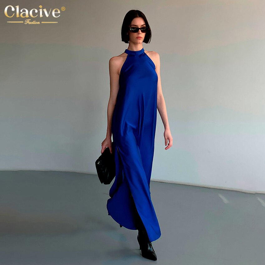 Clacive Summer Halter Bodycon Dress Sexy Blue Satin Sleeveless Maxi Dress Elegant Backless Slit Party Dresses For Women