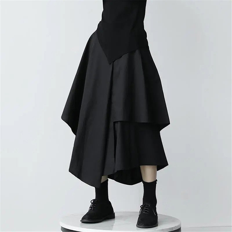 Clacive Gothic Irregular Skirts Women Harajuku Vintage Punk High Waist Cargo Midi Skirt Japanese Black Pleated Casual A Line Skirt