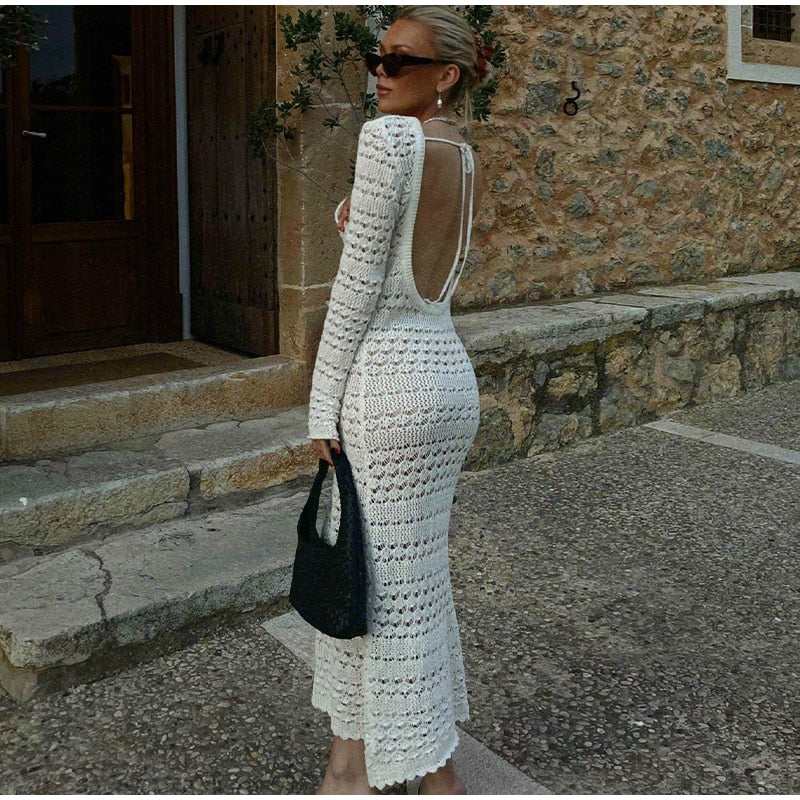 Fall outfits  Hollow Out Backless Knitted Dress Fashion Women Long Sleeve Lace Up Mix Dresses 2023 Female Elegant Beach Holiday Robes