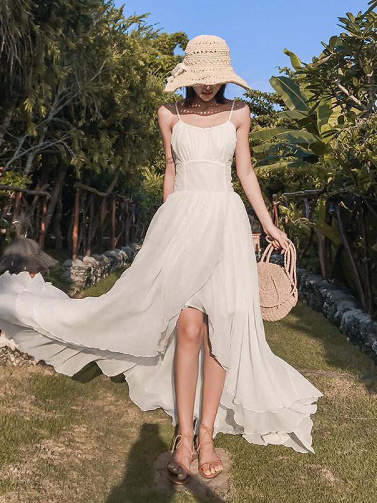 Clacive Beach Party Backless Long Dress Women High Waist Bandage Wedding White Dresses Lady Summer Spaghetti Strap Sundress Elegant