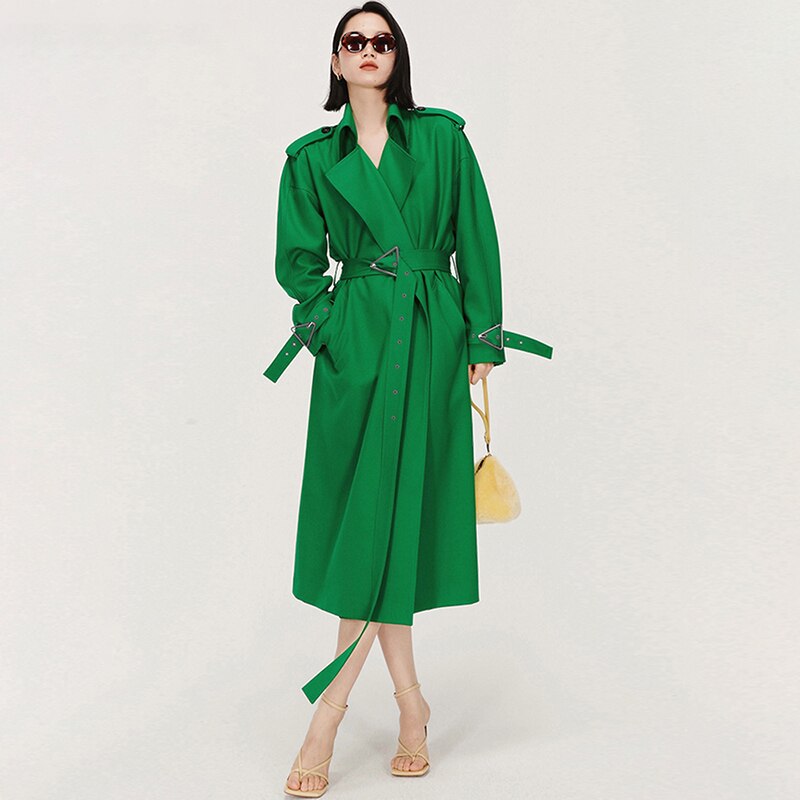 Clacive  Spring Autumn Long Green Black Trench Coat For Women Belt Luxury Elegant High Quality European Fashion Overcoat
