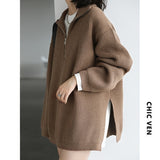 Clacive  Womens Sweaters Casual Solid Color Stand Collar Side Slit Knitted Thickened Sweater For Women Coat Winter Autumn