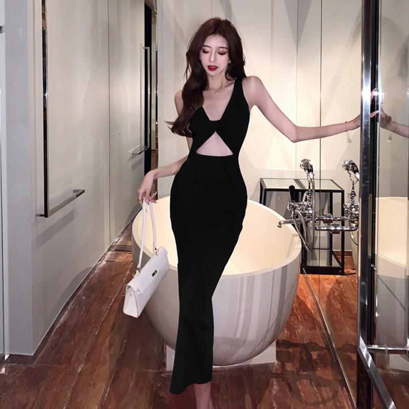 Clacive Split Knit Dress Summer Kink Hollow Out Sexy Slim Wrap Hip Korean Style Solid Color Elegant Evening Party Dress Female Chic