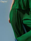 Clacive Sexy V-Neck Tank Top Set Woman 2 Pieces Summer Fashion High Waist Pants Set Lady Elegant Loose Wide Green Trouser Suits