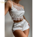 Clacive  Lace Spliced Home Suits Ladies Summer Bodycon High Wasit Shorts Set Elegant Crop Top Pink Satin Two Piece Set Women
