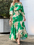 Clacive elegant Floral Print Lantern Sleeve Skew Neck Casual Maxi Dress Women Lace Up Irregular Long Dress