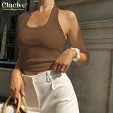 Clacive Summer White Crop Top Women Bodycon Halter Sleeveless Backless Tank Top Elegant Slim Sport Tops Female Clothing