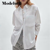 Clacive   New Spring Summer Fashionable Long Sleeve Pocket Shirt Women Solid Color Blouses Simple Casual Tops Female