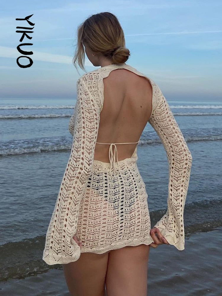 Backless Sexy Bodycon Summer Dress Beach Outfits For Women Hollow Out Knitted See Through Sexy Long Sleeve Party Dress