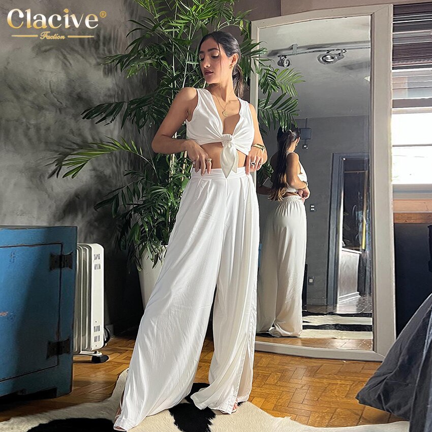 Clacive Sexy Sleeveless Crop Top Set Woman 2 Piece Summer Bodycon White Pants Set Elegant High Wiast Slit Wide Trouser Suits