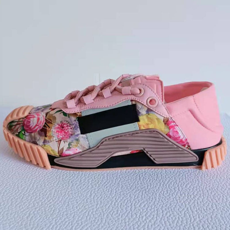 Clacive Flat Thick Sole Small White Shoes Women Round Toe Print Mixed Color Lace Up Tennis Shoes Spring Platform Walking Shoes Sneakers