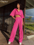 Clacive Summer Short Sleeve Shirts Two Piece Set Women Fashion Pink High Waist Trouser Suits Female Streetwear Wide Pants Set