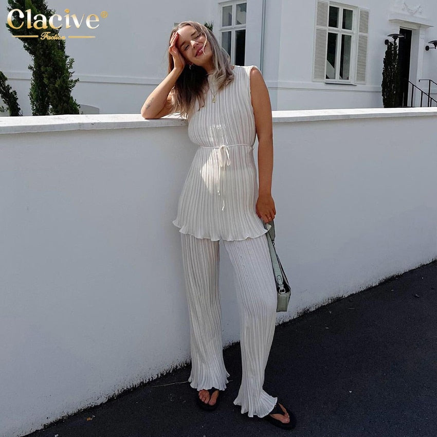 Clacive Summer Sexy Sleeveless Lace-up Shirt Two Piece Set Women Elegant High Wiast Pants Set Casual White Pleated Trouser Suits