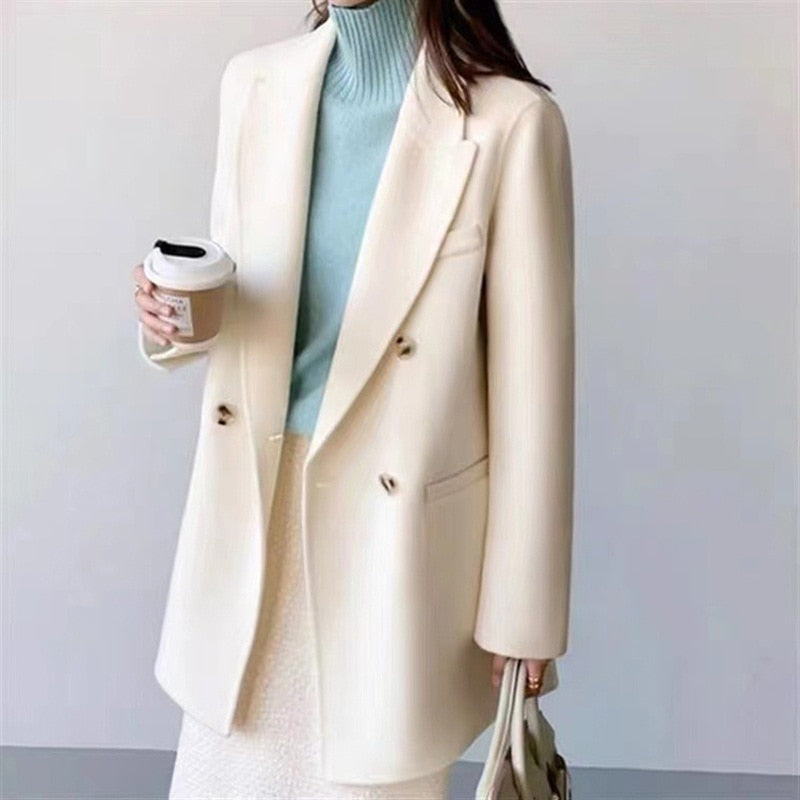 Clacive 2023 New Wool Coat Women's Double breasted Double-sided Jacket  Commuter European and American Mid length Suit Collar Coat