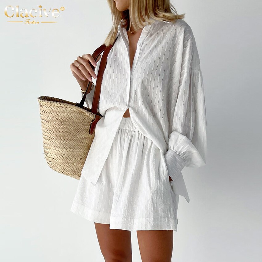 Clacive White Elegant Jacquard Fabric Soft Vacation Women Suit Long Sleeves Shirts And Hot Shorts Two Pieces Outfits Summer
