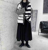 Dark Niche Asymmetric Striped Sweater Long-Sleeved Thick Thin Striped Knitted Cardigan Top Men Women Y2K