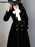 Clacive  Spring Autumn Long Black Velvet Trench Coat For Women With Gold Trim Sashes Double Breasted Luxury Designer Fashion