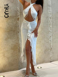 Ruffles Halter Sleeveless Backless Hollow Out Beading Tassel Slit Maxi Dress Sexy Bodycon Summer Elegant Outfit Party