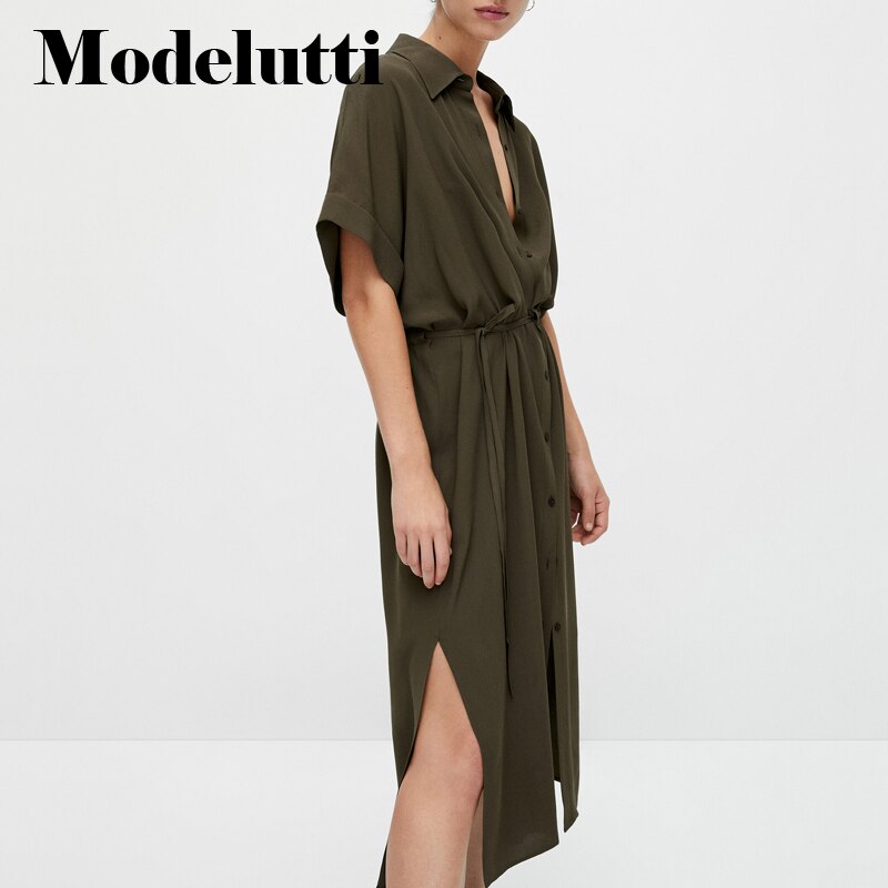 Clacive   New Summer Fashion Short Sleeve Lapel Shirt Long Dresses Belt Women Solid Color Simple Elegant Casual Female