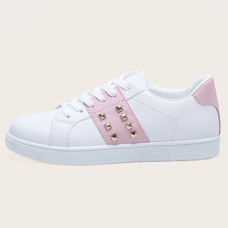Clacive Women Casual Flat Skate Shoes Ribbon Lace Up Sneakers 24 Style Comfortable Round Head Non-Slip Design White Pink For Woman Girl