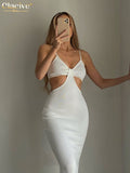 Clacive Summer Sexy White Dress Ladies Bodycon Strap Hollow Out Midi Dress Elegant Slim Backless Party Dresses For Women