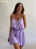 Clacive Fashion Strap V-Neck Purple Summer Dress Lady Casual Sleevleess Pleated Mini Dress Elegant Lace-Up Dresses For Women
