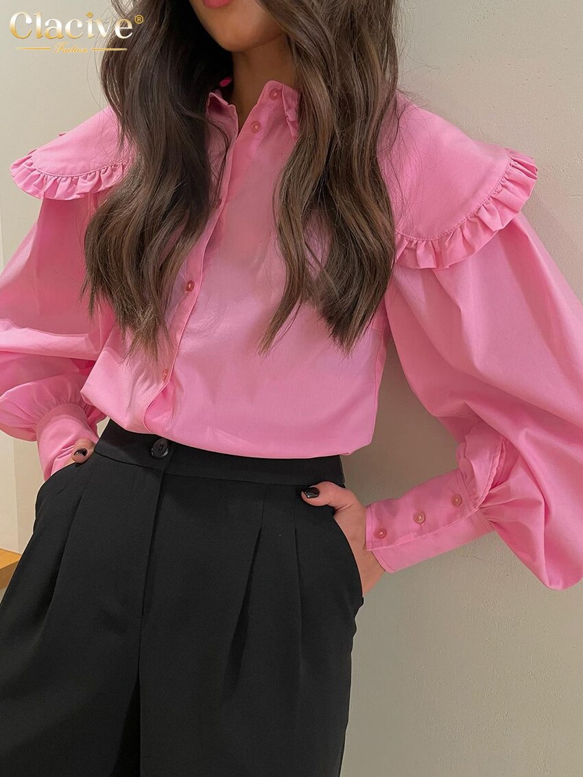 Clacive Fashion Pink Office Woman Blouses  Spring Casual Doll Collar Shirts Ladies Elegant Loose Classic Blouses And Shirts