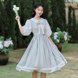 Clacive Vintage Kawaii Bow Dress Summer Lantern Sleeve Patchwork Pleated Dress Women Elegant Party Dresses