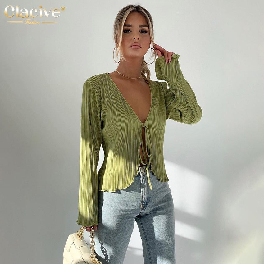 Clacive Sexy White Lace-Up Women'S Shirt Summer Bodycon Long Sleeve Blouses Ladies Fashion Pleated Top Female Clothing