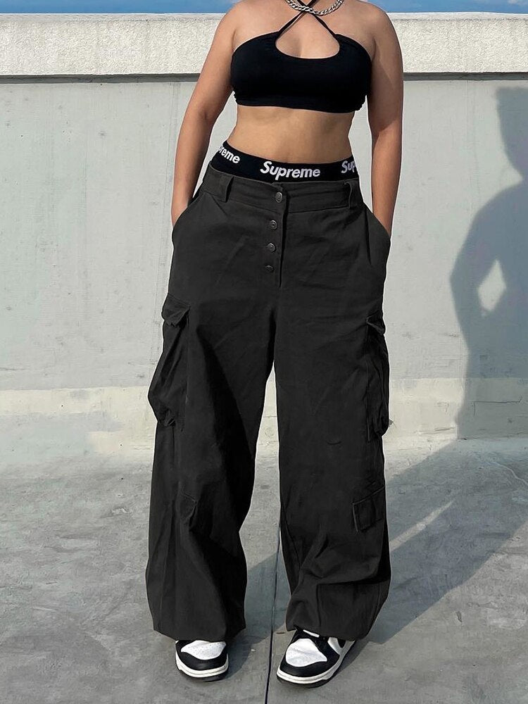 Clacive Green Cargo Pants Women Streetwear Fashion Overalls Big Pocket Patchwork Casual Pants Drawstring Low Waist Baggy Trouser Lady