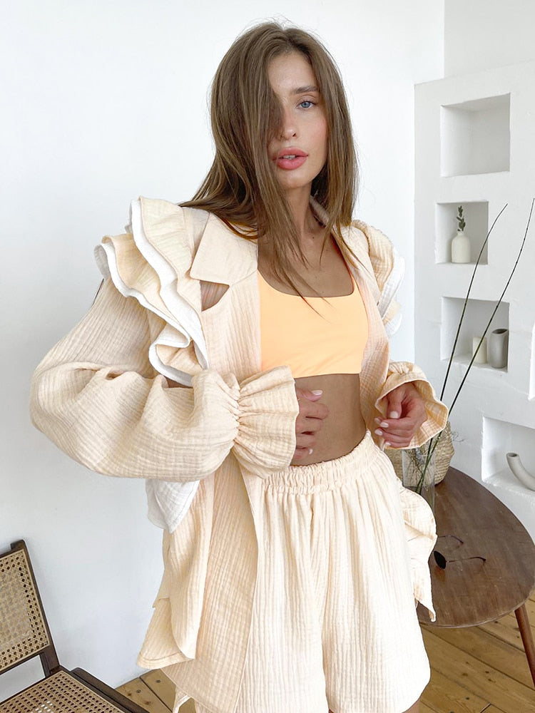 Fall outfits back to school 18 Butterfly Sleeve Shorts Suits With Ruffled Shirts Female Elegant Ruffles 2 Piece Sets Womens Outfits Chic Frill Sets