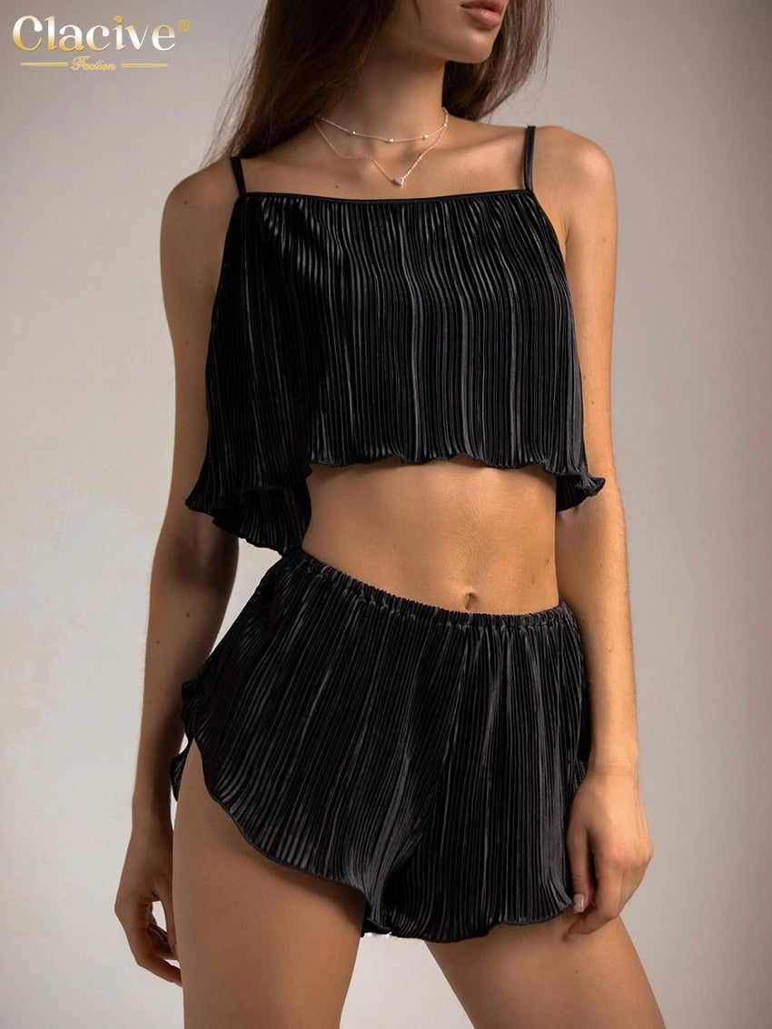 Clacive Sexy Black Crop Top Set Woman 2 Pieces Summer Bodycon High Wasited Shorts Set Female Elegnat Pleated Home Suit Shorts