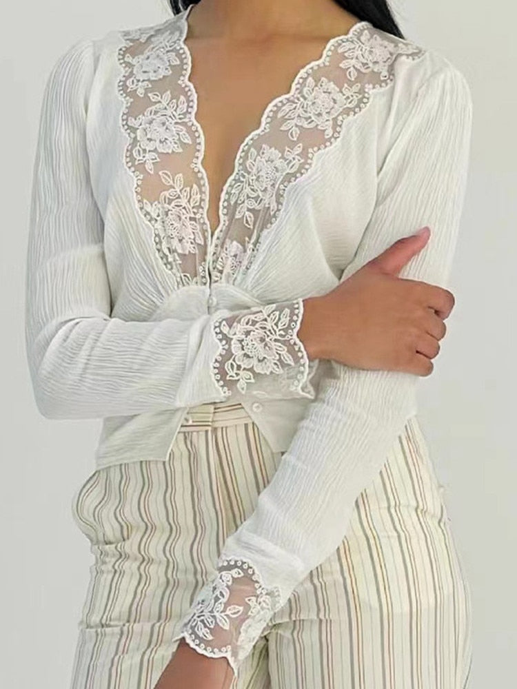 Clacive  Spring New Women's Perspective Deep V-Neck Shirt French White Lace Embroidery Ladies Long Sleeve Single-Breasted Blouse