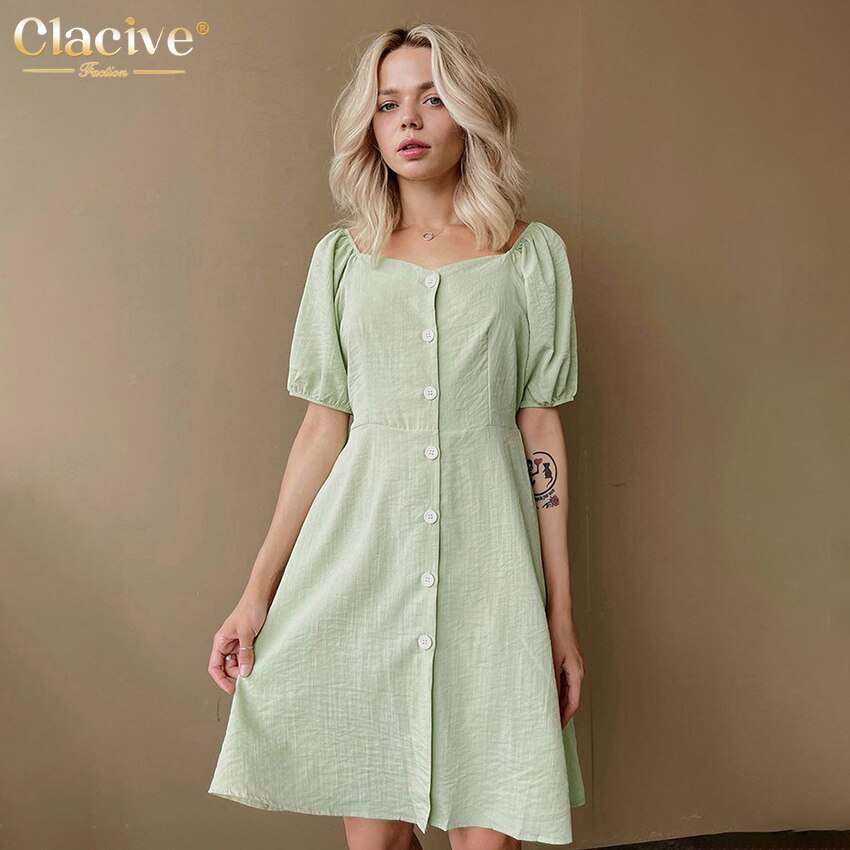 Clacive Summer Square Collar Green Women'S Dress Fashion Short Sleeve Office Mini Dresses Elegant Single-Breasted Female Dress