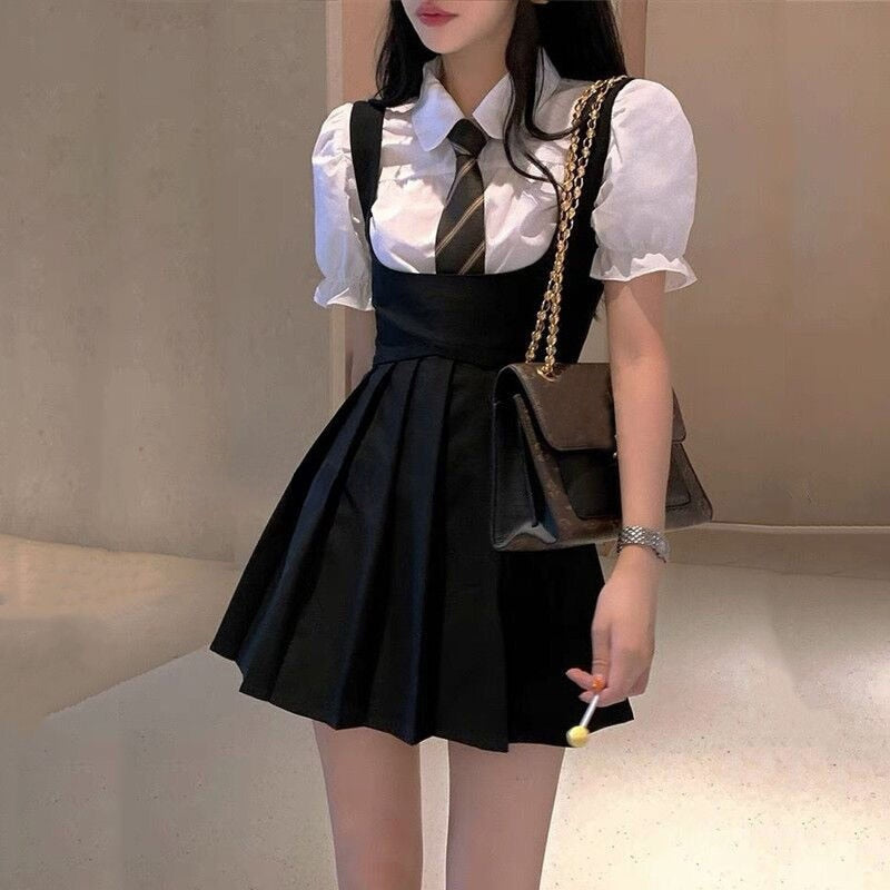 Fall outfits Black Pleated Mini Dress Women Kawaii Vintage Preppy Style High Waist Sleeveless Strap Dress for Girls Korean Fashion