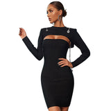 Clacive  New Spring Black Bodycon Bandage Dress Women Sexy Hollow Out Chains Long Sleeve Night Club Evening Party Dress Outfit