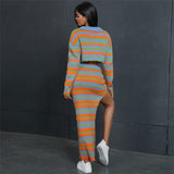 Fall outfits Back to school Knitted Striped Dress 2 Piece Maxi Skirt Sets Winter Women Y2K Streetwear Fashion Dress Sexy Crop Tops Knit 2 Piece Set Outfit