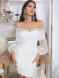 Clacive Elegant Women Mini Off Shoulder Bandage Dress Sexy Long Sleeve White Mesh Wedding Club Celebrity Evening Party Wear Dress
